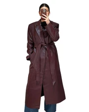 New Women's Burgundy Trench Coat Genuine Lambskin Full Length Trench Over Coat