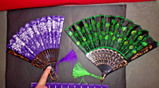 Fancy Floral Fabric Hand Held Folding Fans With TASSLES BEAUTIFUL