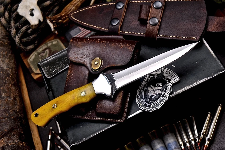 Faca de caça CFK feita à mão ATS 34 personalizada osso de camelo laranja palito punhal - Imagem 3 de 4