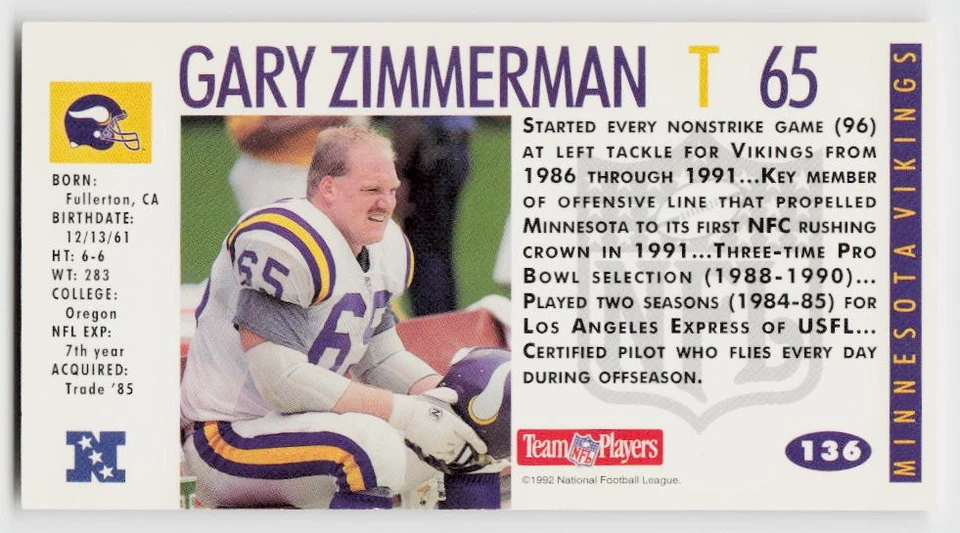 1992 GameDay #136 Gary Zimmerman - Image 2 of 2