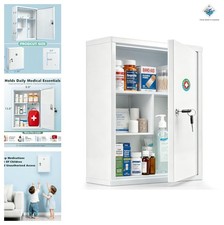 Locking Medicine Cabinet Wall Mount 15.75 Inch Steel 3 Compartments White