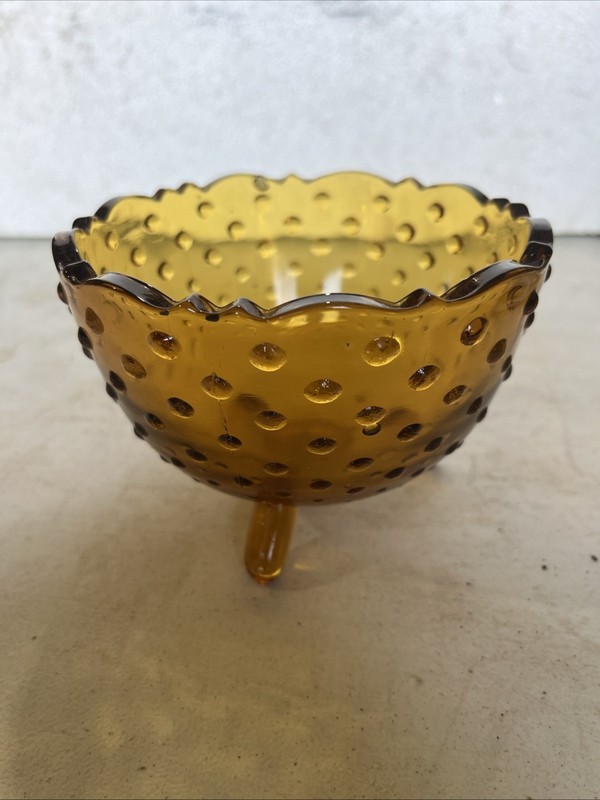 Vintage Hobnail 3 Footed Candy Bowl Dish Indiana Glass  Amber 5”x3.5”