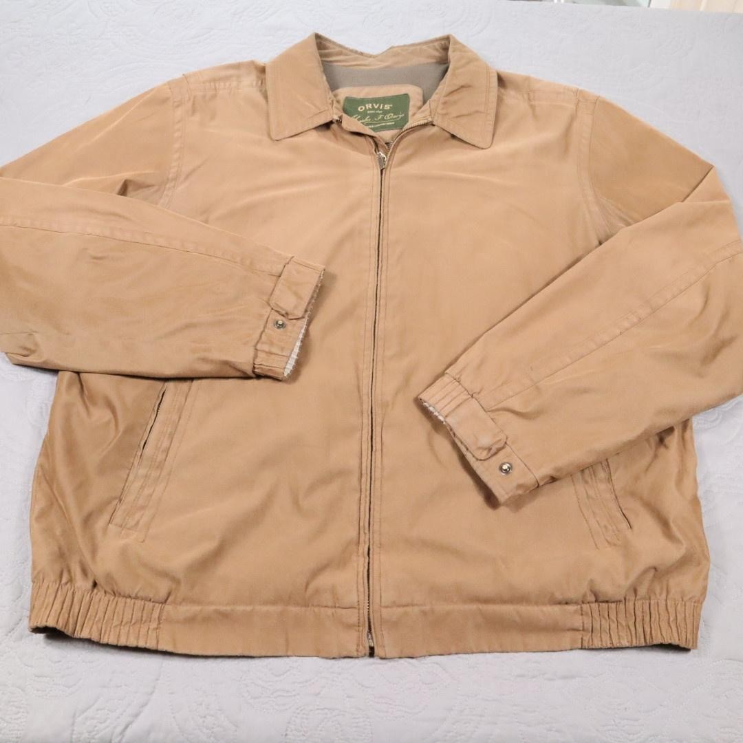 Orvis Bomber Jacket Mens XL Beige Microfiber Windbreaker Lined Full Zip Chore