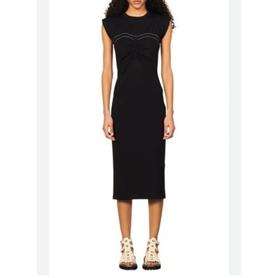 Sandro Kiera Noir Black Ruched Padded Shoulder Midi Dress Size 8 40 NEW