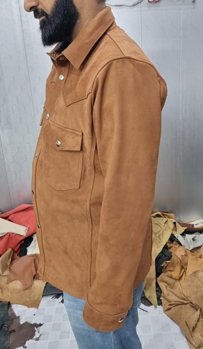 Camicia in pelle nabuk marrone marrone marrone giacca camionista stile classico camicia formale - Foto 4 di 5