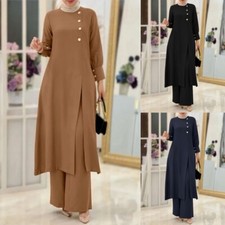 Muslim Women Set Split Long Shirt Top Wide Leg Pants Bishop Sleeve Casual 2PCS