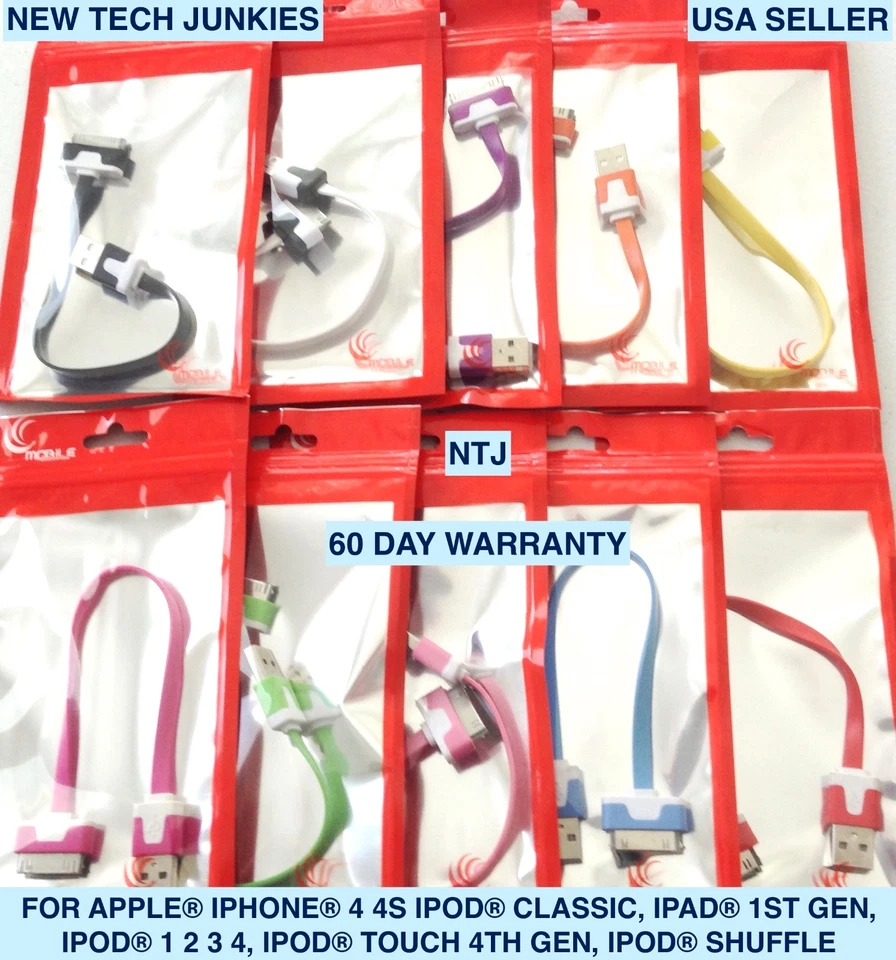 NTJ SHORT 8" Flat Noodle data sync Charger charge Cable for iPhone 4 iPod Nano 6 - Image 2 of 4