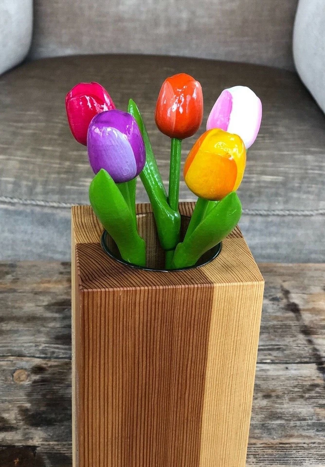 Tulipanes de madera, juego de 5 tulipanes de primavera, decoración de mesa de flores de 7,8"", madera hecha a mano F Foto 2 de 4