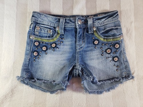 Miss Me Girls Denim Cut-Off Shorts Flowers Rhinestones JK572945 Size 14 EUC