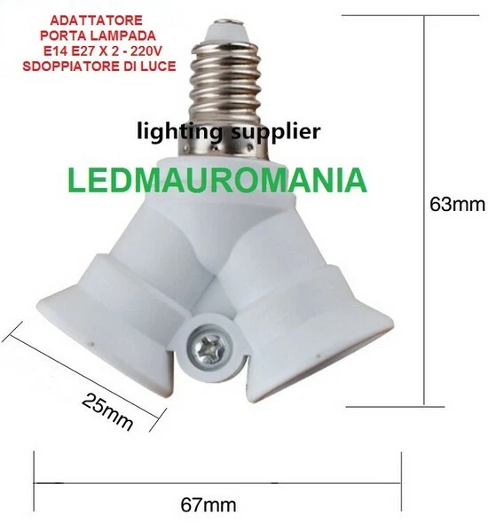 ADATTATORE PORTALAMPADA E14 X 2 E27 220V SDOPPIATORE DI CORRENTE BIANCO PAVIA