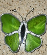 Vintage Stained Glass Butterfly Suncatcher Green Cobalt Blue