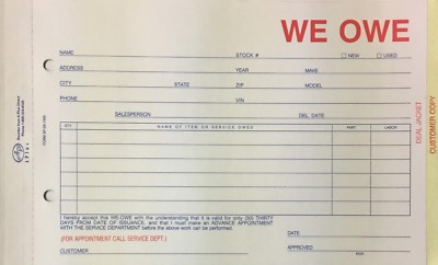 We Owe Forms   Qty 500   NCR   SA-1506-3 (R76M)  