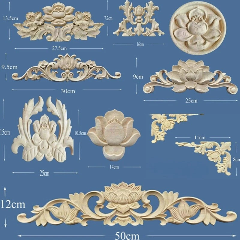 1X DIY Lotus Flower Wood Carved Applique Unpainted Furniture Moulding Decals - Image 2 of 3
