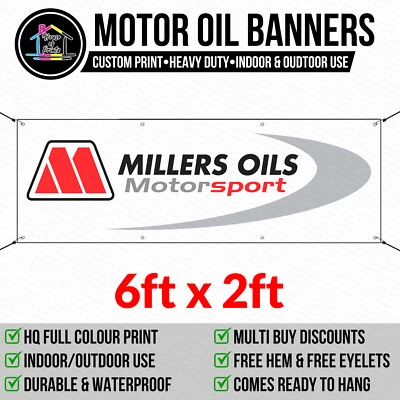 HOUSEOFPRINTZ Millers Oils Garage Workshop Banner PVC Vinyl Outdoor Business Sign Motorsport