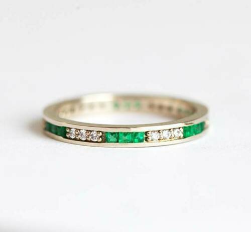 1CT Simulated Princess Green Emerald Engagement Band Ring 925 Silver Gold Plated - Picture 2 of 9