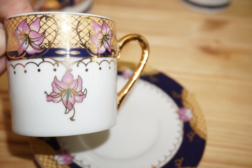 Coffee Tea Set Cobalt Gold Pink Demitasse Pot Creamer Sugar 5 Cup & Saucer (S1) - Picture 19 of 20
