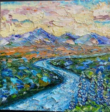 ORIGINALPainting  OIL impasto " RIVER Landscape BLUEBONNET"  8"x8"