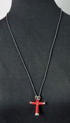 Red Wire Wrapped Silver Nail Cross Black Cord Slide Necklace 26 