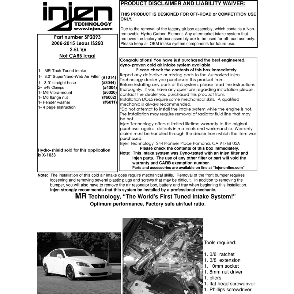 Entrada de aire frío Ram corta de aluminio Injen SP2093P para Lexus IS250 V6 2006-15 2,5 L Foto 4 de 4
