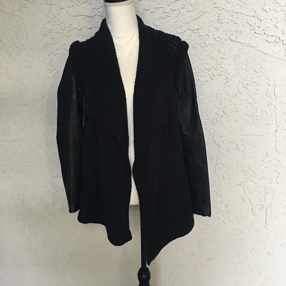 Cárdigan Suéter Line Marino Mezcla Lana Cortina Chal XS Cuero Genuino Manga Foto 4 de 4