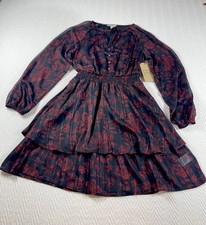 Fry & Co Black Red Floral Tiered Tie Neck Balloon Sleeve Chiffon Dress XS