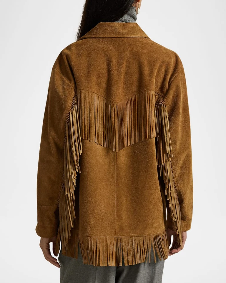 Women's Fringe Suede Leather Jacket in Dark Beige Size S M L XL XXL 3XL - Image 2 of 4