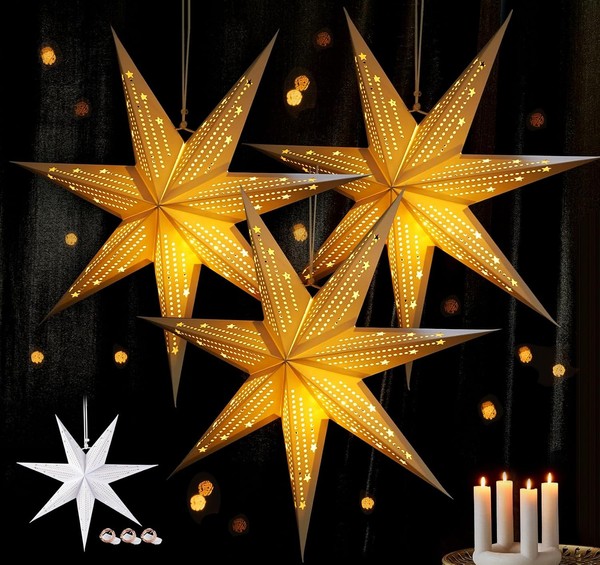 Papiersterne Weihnachten 3Er Set Mit LED Lichterkette Dekoration Weihnachten-image