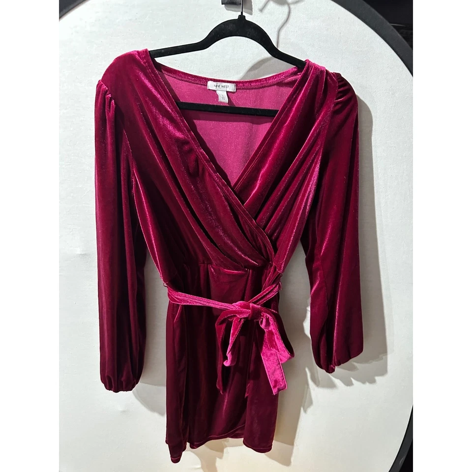 Nine West Velvet Dress Women's L Long Sleeve Wrap Magenta Mini Party - Image 4 of 4
