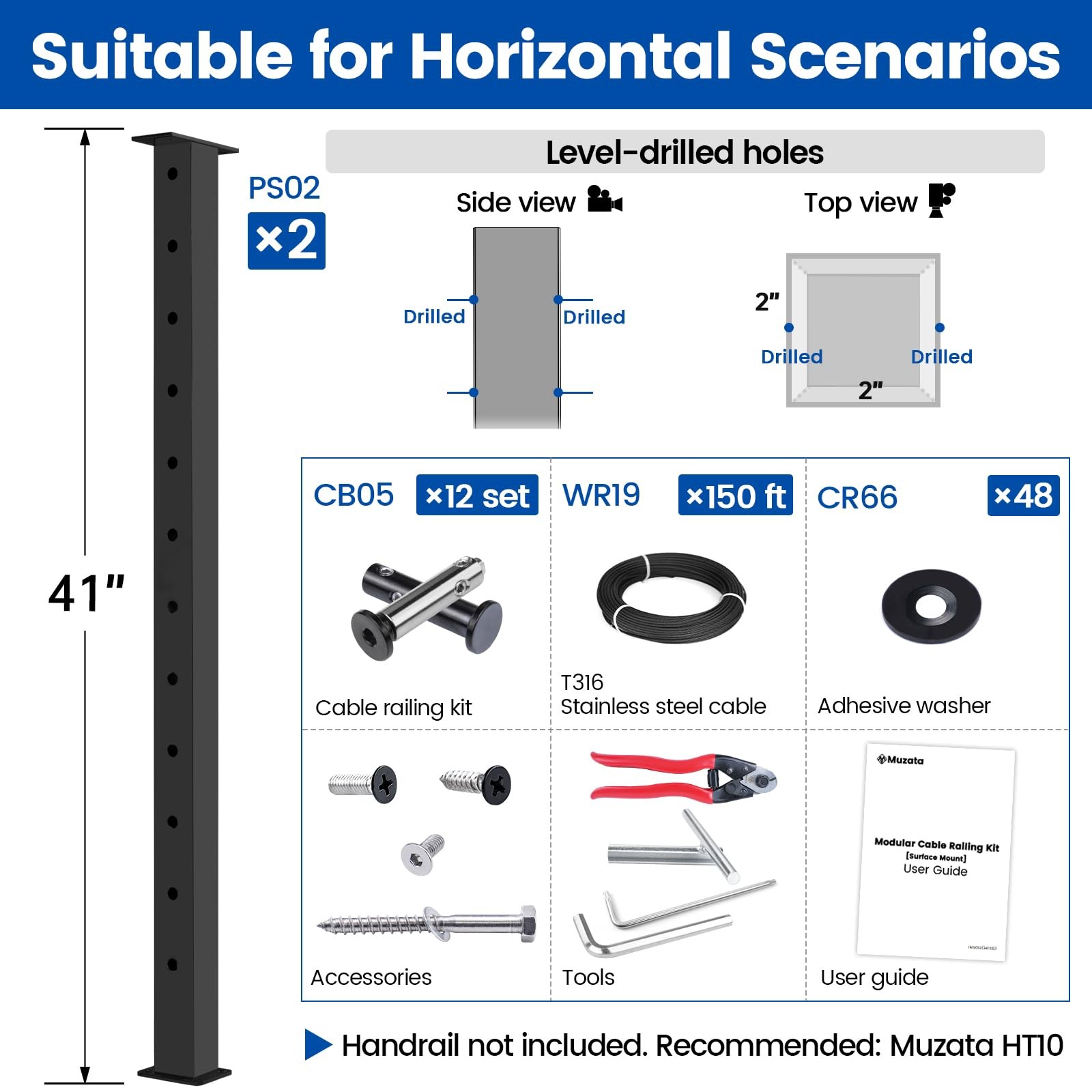 5-10FT Modular Black Cable Railing Kit 42 Inch 2 Level Post Kit Complete Set ...