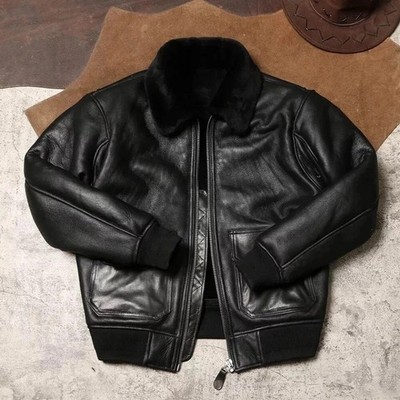 Men's RAF Flight Flying US Navy Fur Shearling Sheepskin B3 Bomber Leather Jacket