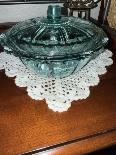 Vintage Depression Glass Candy Dish / Bowl With Lid Beaded Oyster Pearl Teal