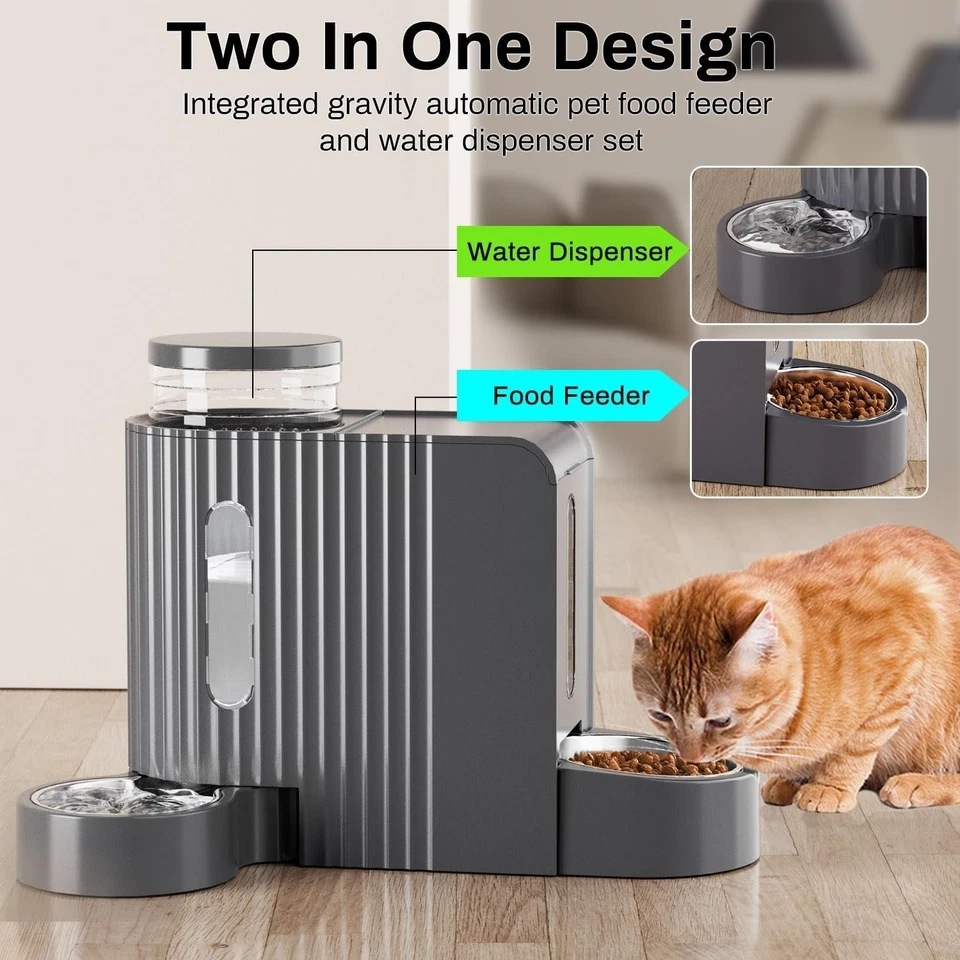 Alimentador automático de alimentos para gatos por gravedad y dispensador de agua de acero inoxidable dos en uno Foto 2 de 4