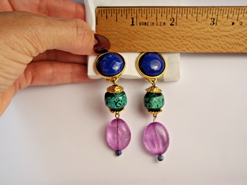 Pendientes colgantes vintage azul verde púrpura clip años 80 3" de largo - Imagen 5 de 15
