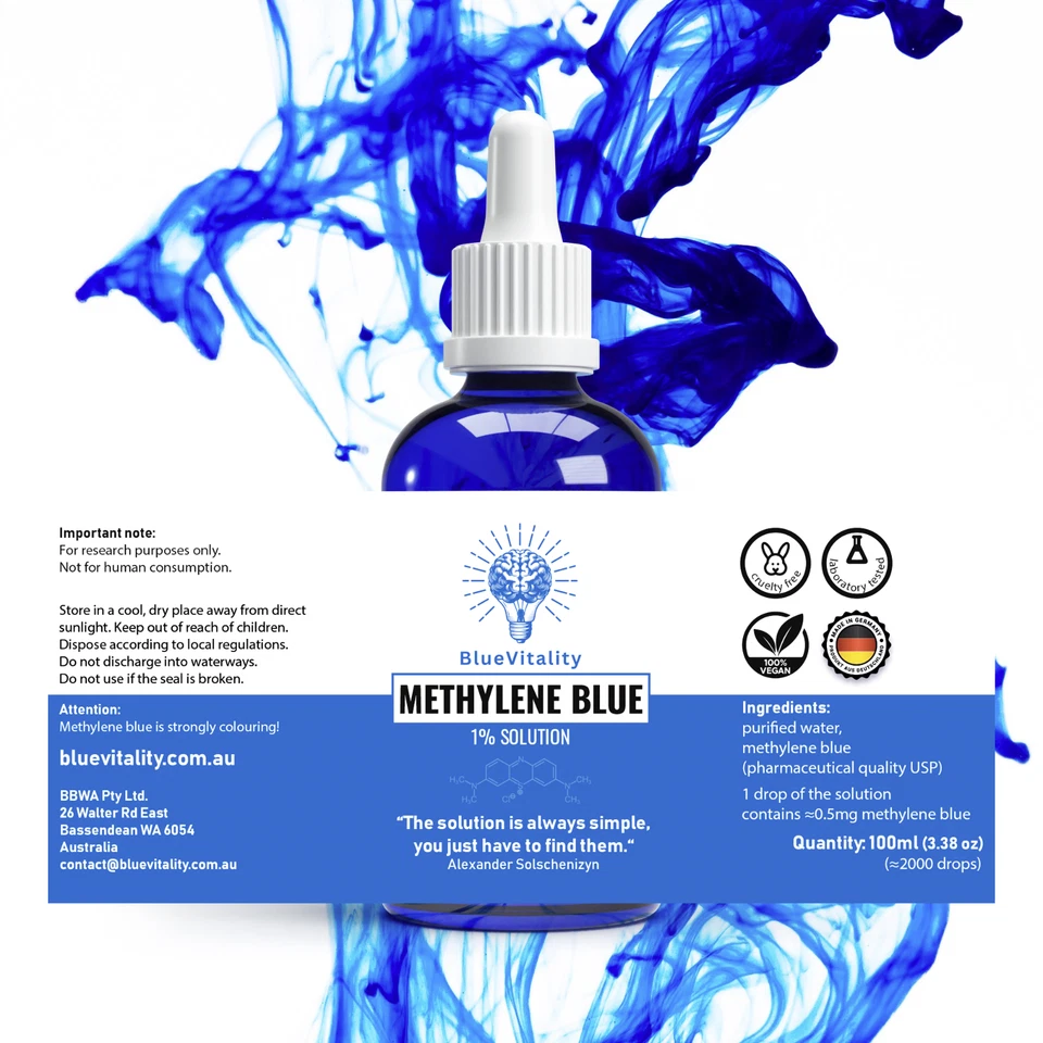 Methylene Blue 1% Solution High Purity 100ml Glass Dropper Bottle Made in German - image 2 of 2