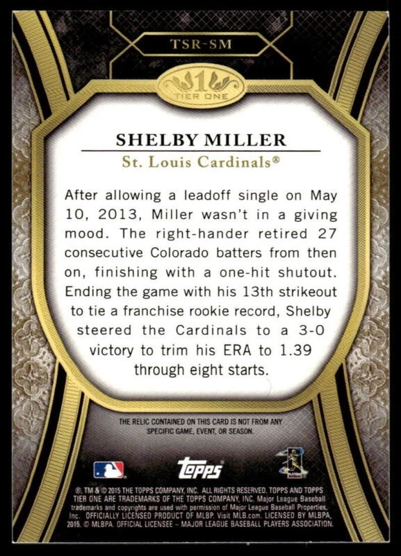 2015 TOPPS TIER ONE SHELBY MILLER TSR-SM RELIC JERSEY /399 ST. LOUIS CARDINALS - Image 2 of 2