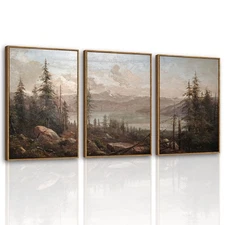 Large Framed Canvas Wall Art, 3 Pcs, Living Room Vintage Landscape Decor, Nat...