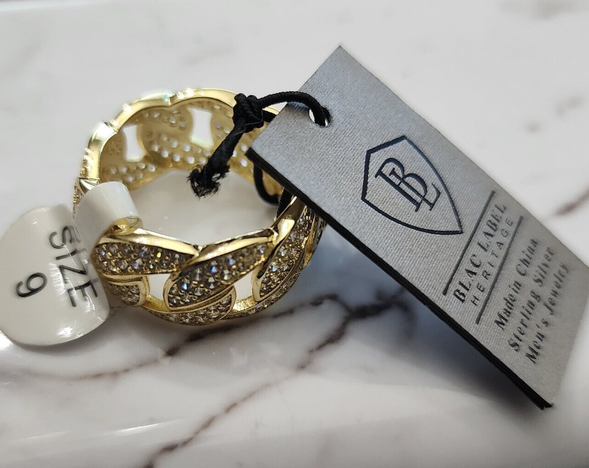 Blac Label Heritage Men Gold over Silver Ring Cuban Link Sz Cubic  Zirconia NWT