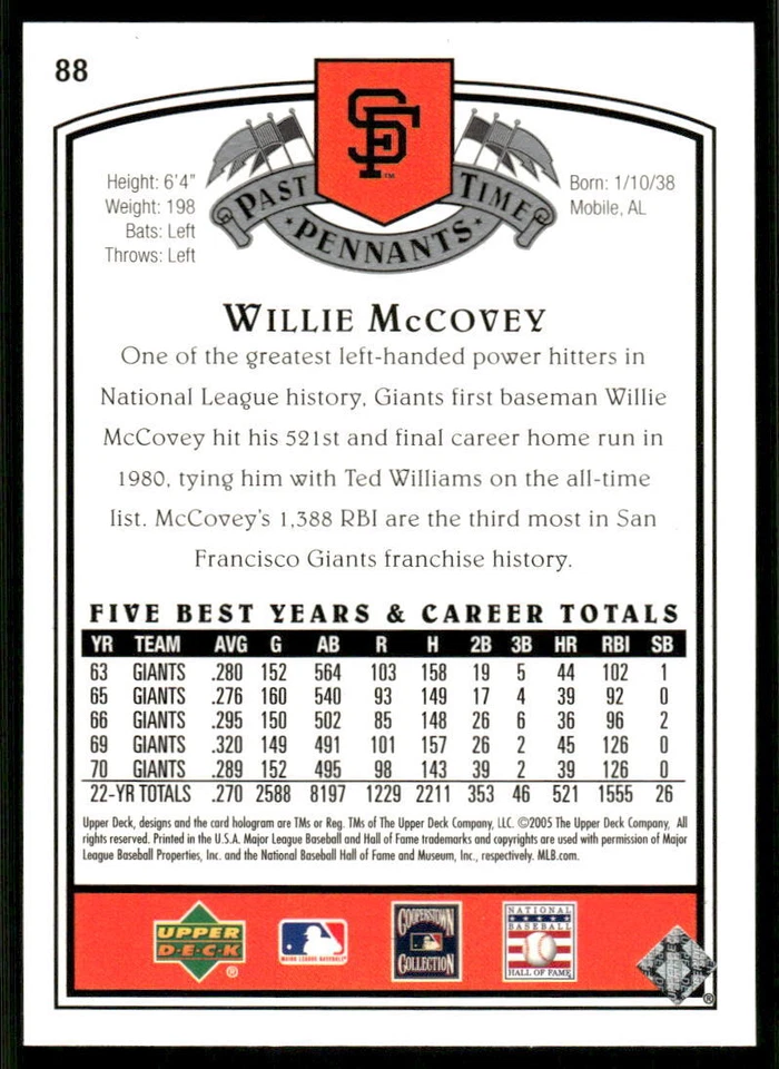 2005 UD Past Time Pennants #88 Willie McCovey - Image 2 of 2