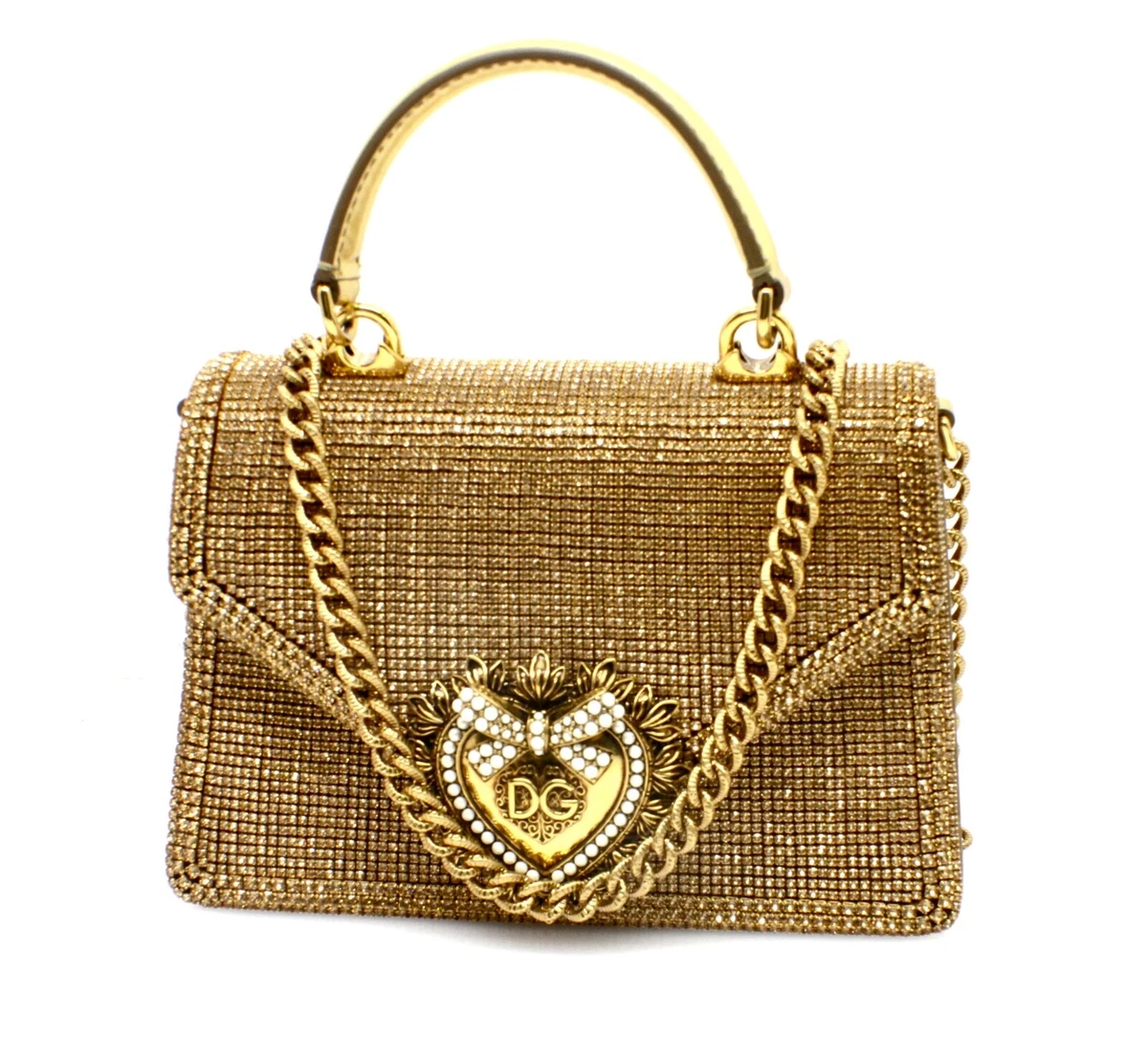 Dolce & Gabbana Devotion Bag In Rhinestone Chain In Gold Color Small