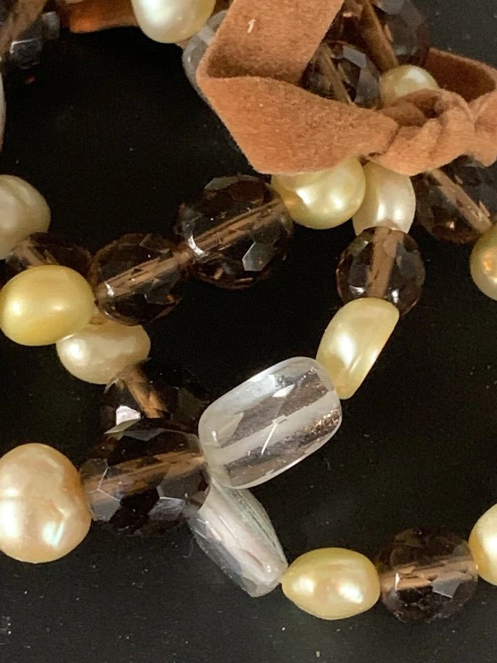 Pulseiras J Jill triplas 3 contas de vidro marrom elástico pérolas terrosas neutras multi - Imagem 4 de 4