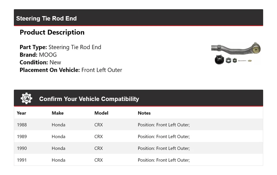 Extremo de barra de dirección exterior delantera izquierda MOOG 1988 1989 para Honda CRX 1988-1991 Foto 2 de 4