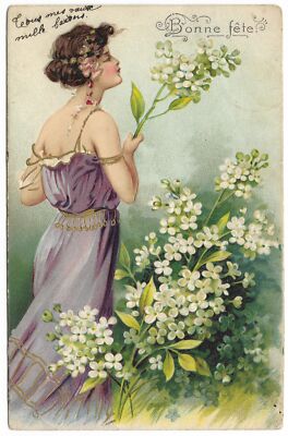 Bonne fête hübsche Brünette weiße Blumen Stempel 1904 Happy Holidays