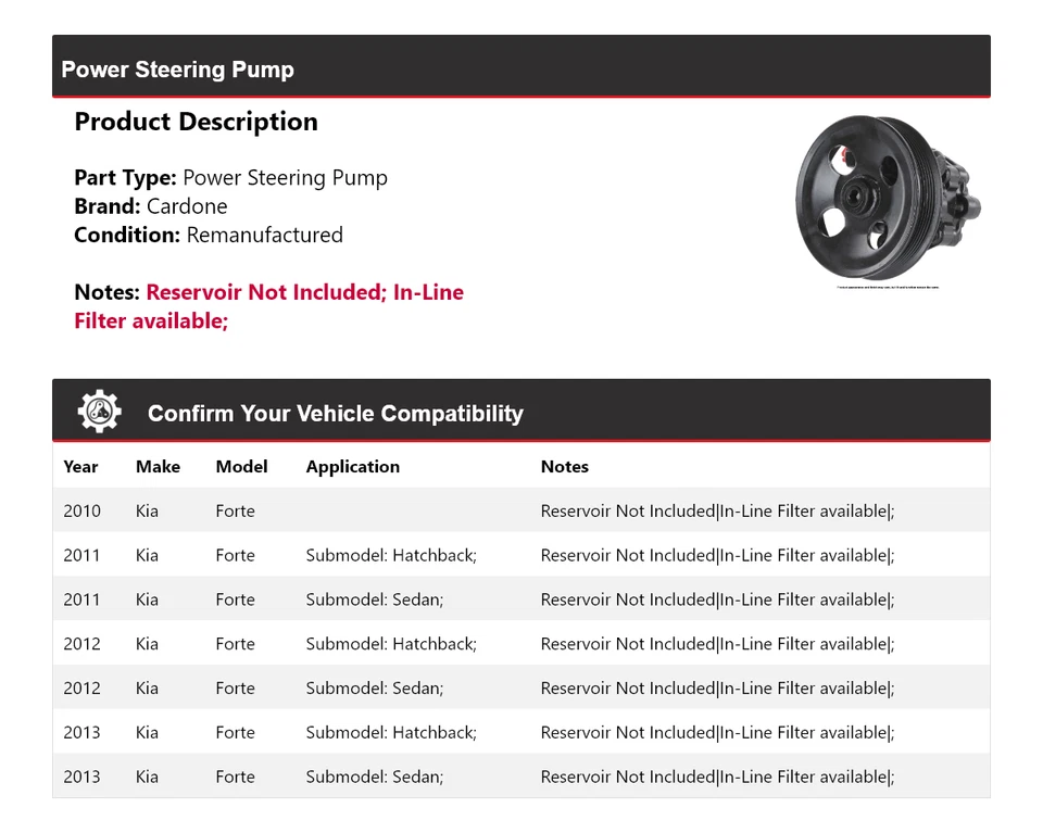 Bomba de dirección asistida Cardone para Kia Forte 2010-2013 2011 2012 Foto 2 de 4