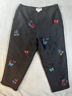 ALLISON TAYLOR Womens PANTS cropped 10 Capri BLACK casual 100 SILK petite slacks