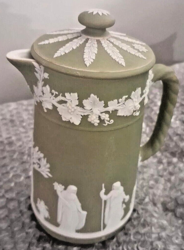 Antique Wedgwood Jasperware Sage Green Trojan Jug 6” Glazed Interior
