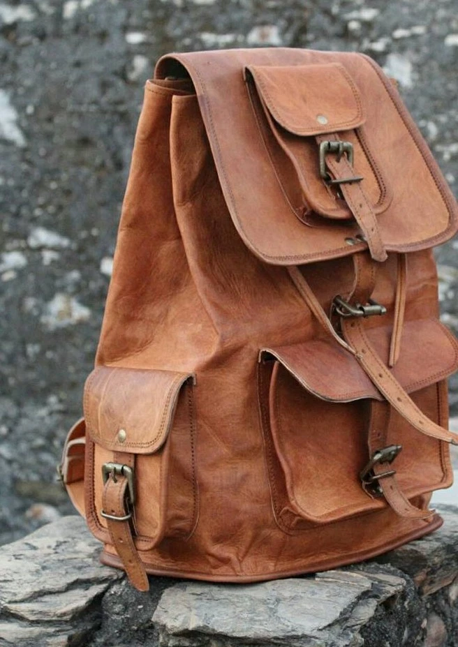 16" New Strong Real Leather Back Pack Rucksack Travel Bag For Men's and Women's
