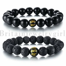2pcs 10mm Six Words Black Lava Stone Agate Buddha Beaded Bracelet Men Women