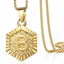 Hexagon A-Z Gold Plated 14k Initial Letter Pendant Necklace 18"-22" Mens Womens