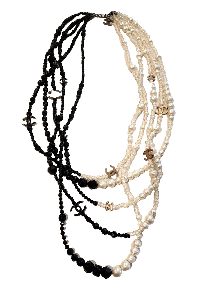 Rare Chanel 5 Strand Pearl & Glass Black & White Necklace