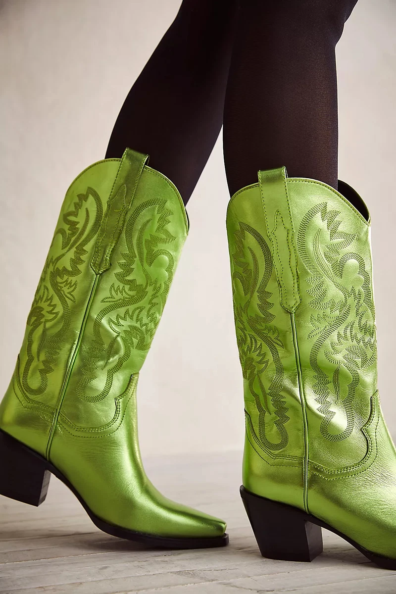 Jeffrey Campbell DAGGET Green Metallic Mid Calf Pointed Toe Western Heeled Boots